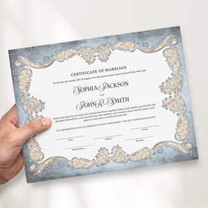 Dusty Blue Vintage Fairytale Wedding Certificate Template, Editable