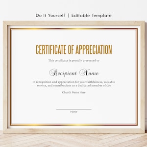 Editable Appreciation Certificate Template, Customizable Awards for Church Members, Appreciation Gift Certificate Digital Download Jet238