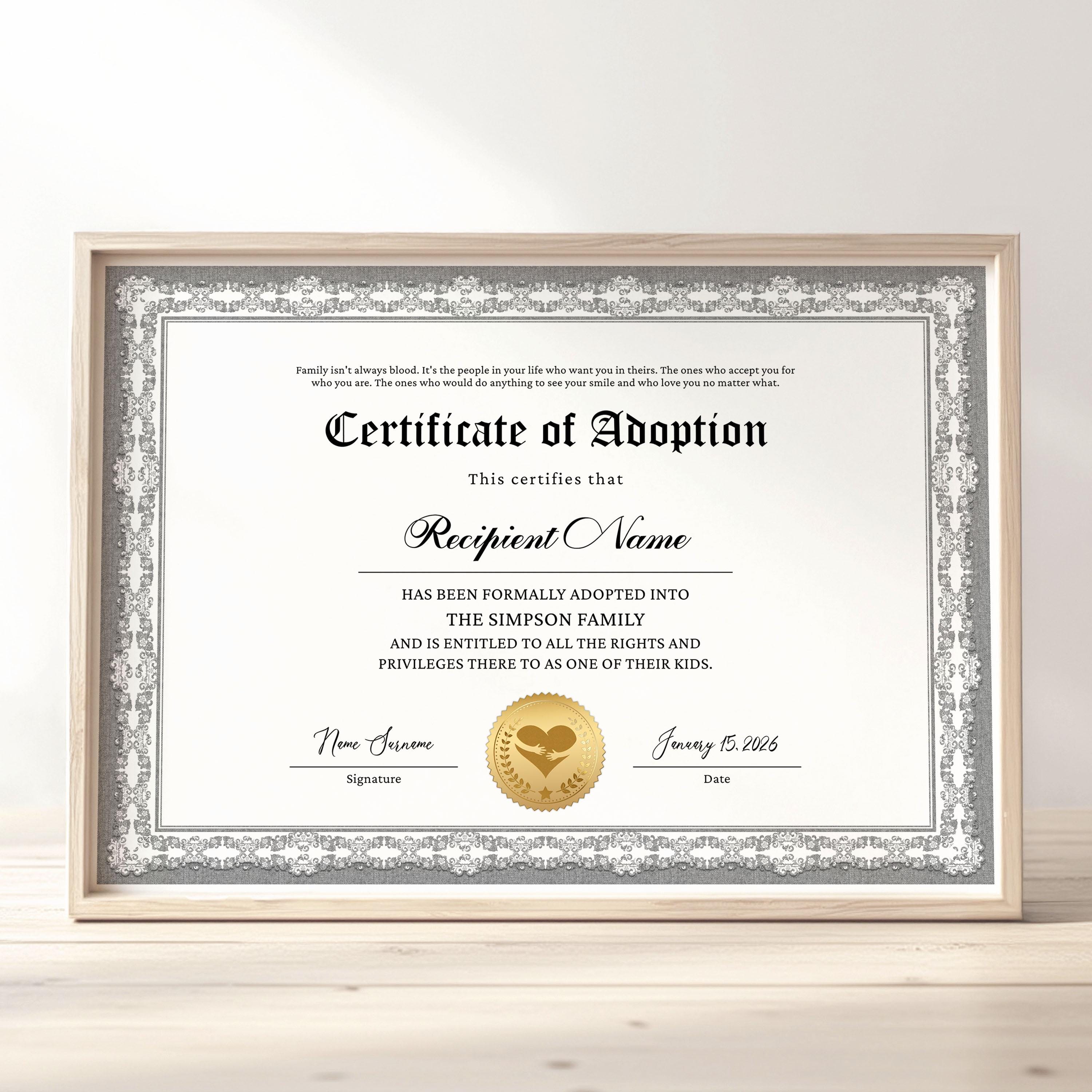 Modèle de certificat d'adoption à notre famille, certificat d'adoption modifiable beau-père belle-mère, cadeau d'adoption, téléchargement Jet283