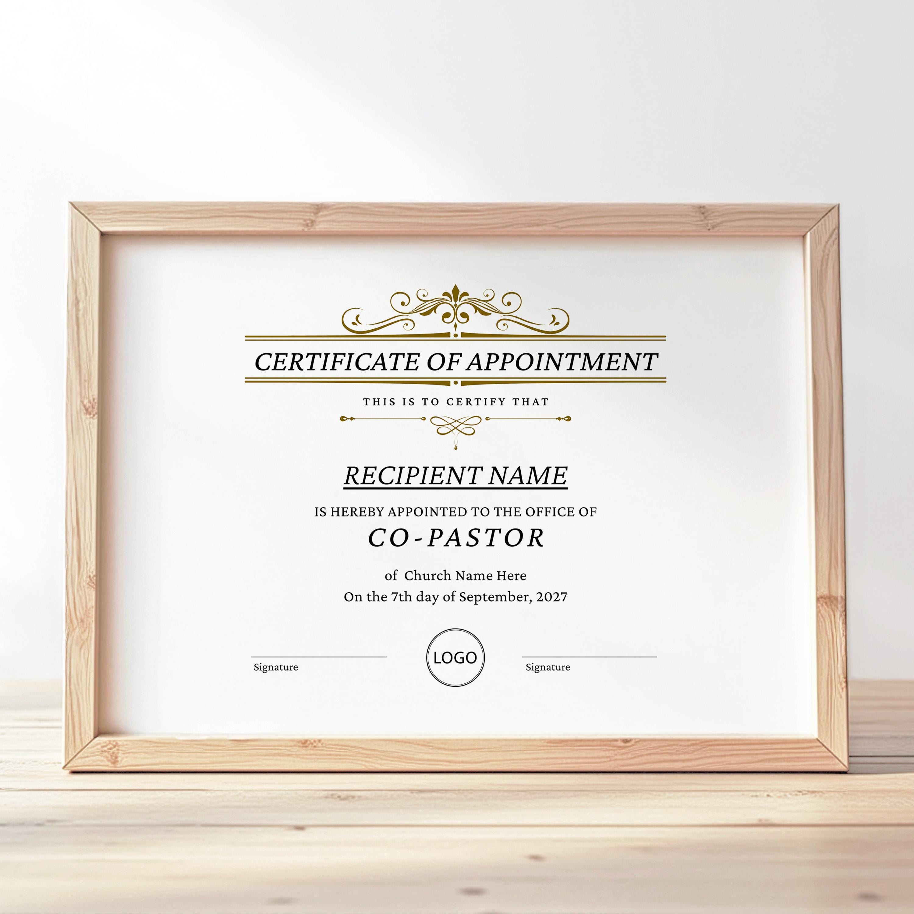Editable Appointment Certificate, Printable Bishop Pastor Appointed Certificate Template, Minimalist Certificate Instant Download Jet021