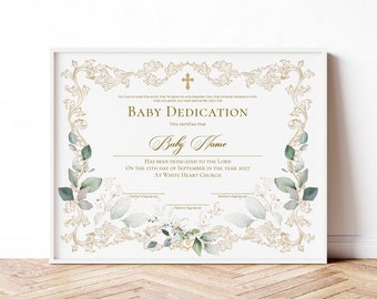 Baby Dedication Certificate Template, Baptism, Baby Christening, Modern Gold Greenery, Editable Printable Church Templates Download, Jet248