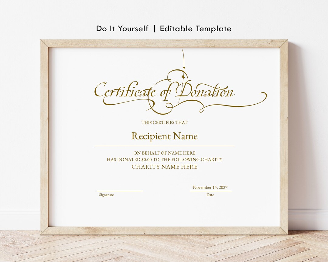 Editable Certificate of Donation Template, Printable Charity Donation ...