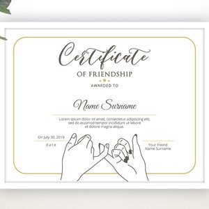 Printable Friendship Certificate Template Editable Friendship | Etsy