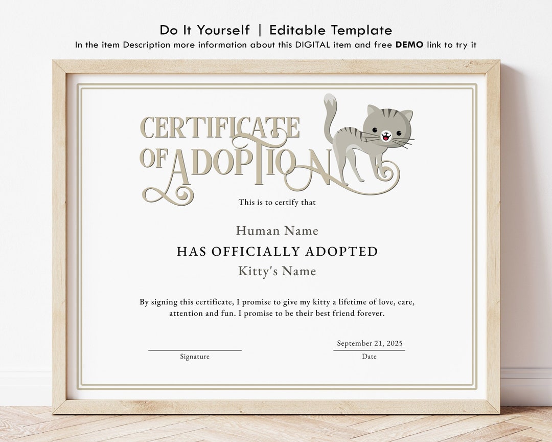 Pet Adoption Certificate Template, EDITABLE Kitty Cat Adoption ...