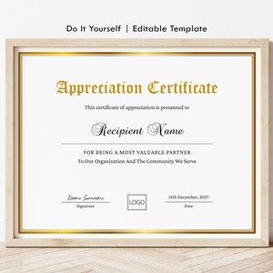 May include: A gold and white appreciation certificate with a gold border. The text "Appreciation Certificate" is in a decorative font. The certificate is presented to "Recipient Name" for being a valuable partner. The certificate is dated December 15, 2027.