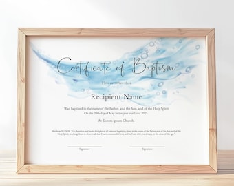 Editable Baptism Certificate Template, Printable Minimalist Certificate of Baptism, Water Background Certificate Instant Download, Jet040