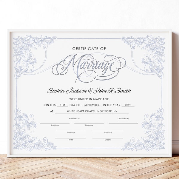 Dusty Blue Wedding Certificate Template, Editable Certificate of Marriage Printable Catholic Marriage Keepsake Gift Certificate, Jet089