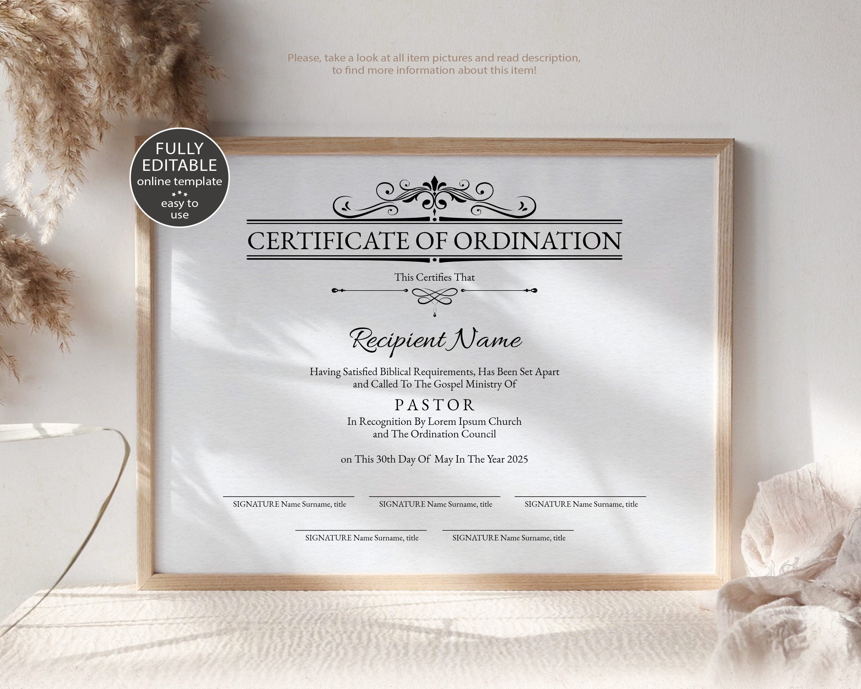 Certificate of Ordination Gospel Ministry Certificate Template Printable  Ordained Minister DIY Editable Certificate Digital Download Jet 25 With Regard To Certificate Of Ordination Template