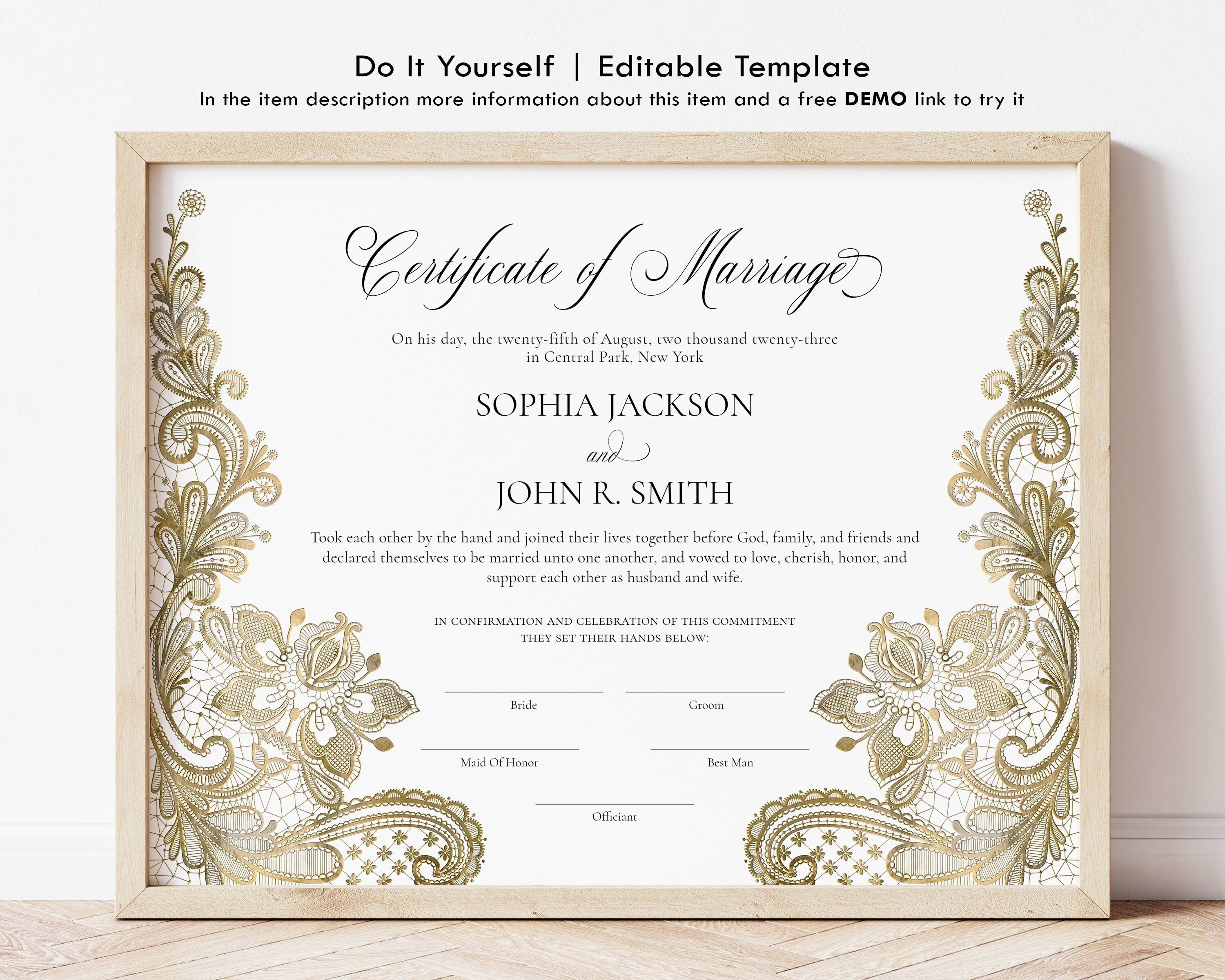 Editable Certificate of Marriage Wedding Keepsake Certificate Etsy UK