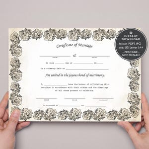 Vintage Heiratsurkunde, druckbare Hochzeit Zertifikat Vorlage mit Gothic schwarzen Rosen Rahmen, digitaler Download DIY Hochzeitsandenken 398