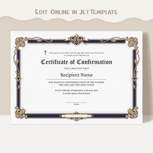 Editable Confirmation Certificate Template, Printable Certificate of Confirmation, Elegant Confirmation Certificate Instant Download Jet070