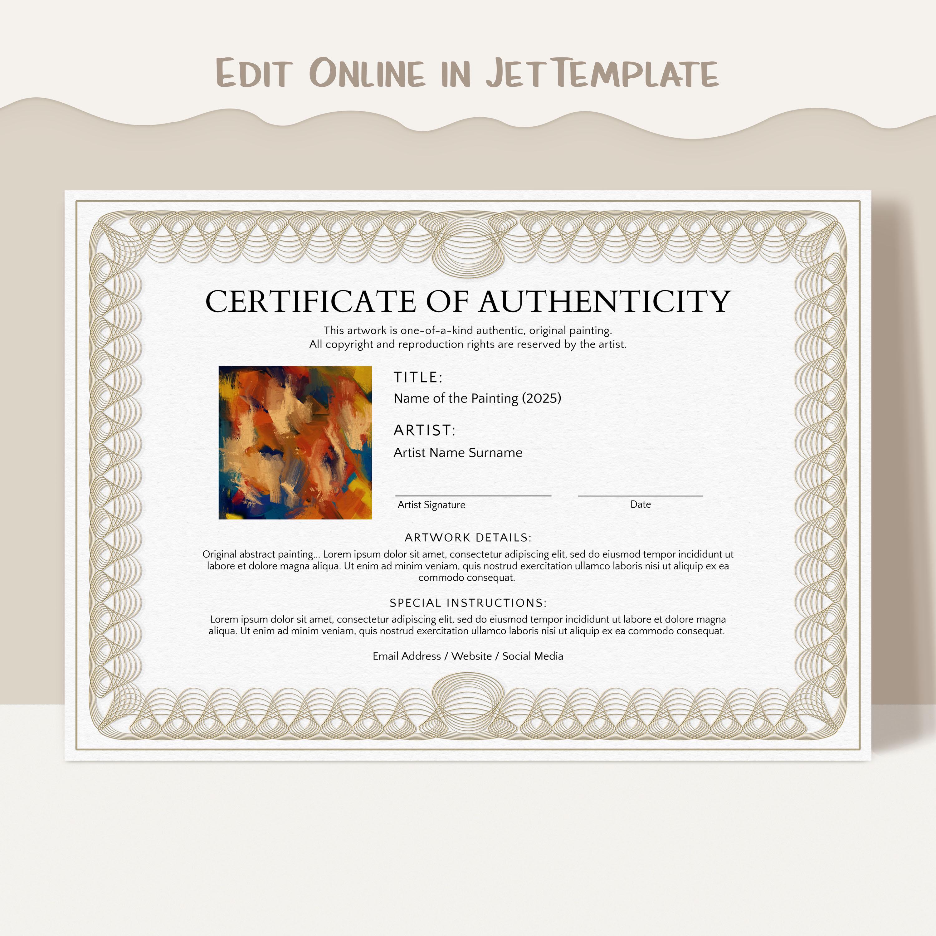 Editable Certificate of Authenticity for Artwork, Authenticity