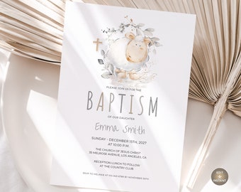 Baptism Boy Girl Invitation Template, Editable Printable Baby Baptism Invite with Lamb, Gender Neutral Christening Invite Download Jet136