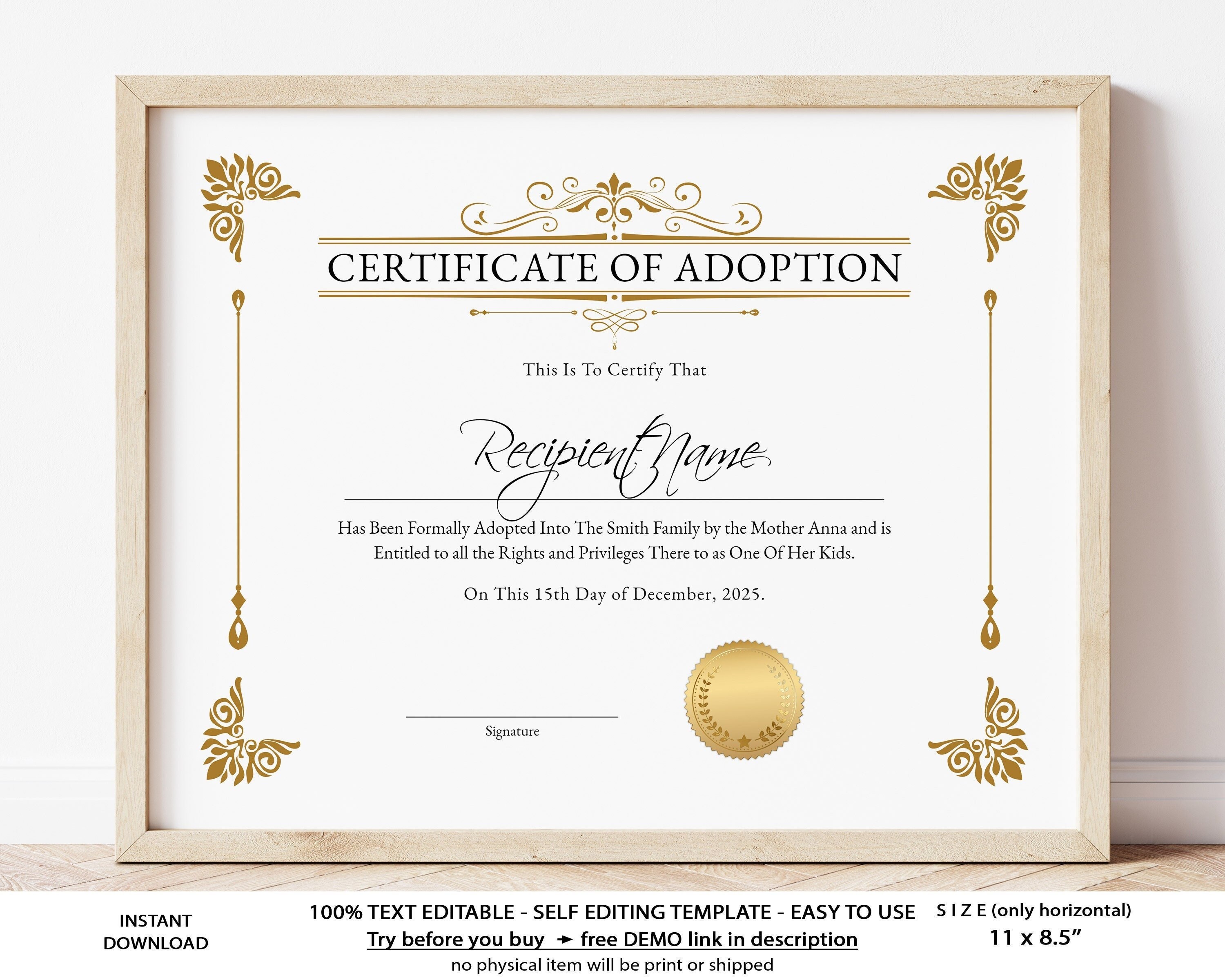 Certificate of Adoption to Our Family, Editable Printable Adoption  Certificate Template, Elegant Gift Certificate Instant Download Jet21 Inside Blank Adoption Certificate Template