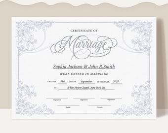 Dusty Blue Wedding Certificate Template, Editable Certificate of Marriage Printable Catholic Marriage Keepsake Gift Certificate Jet089