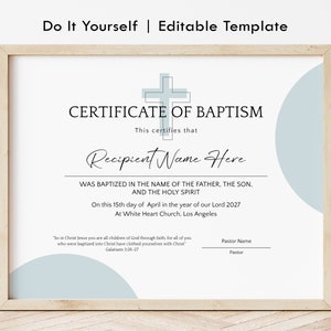 Plantilla de certificado de bautismo, certificado de bautismo editable e imprimible, plantilla de bautizo minimalista, descarga digital, Jet317