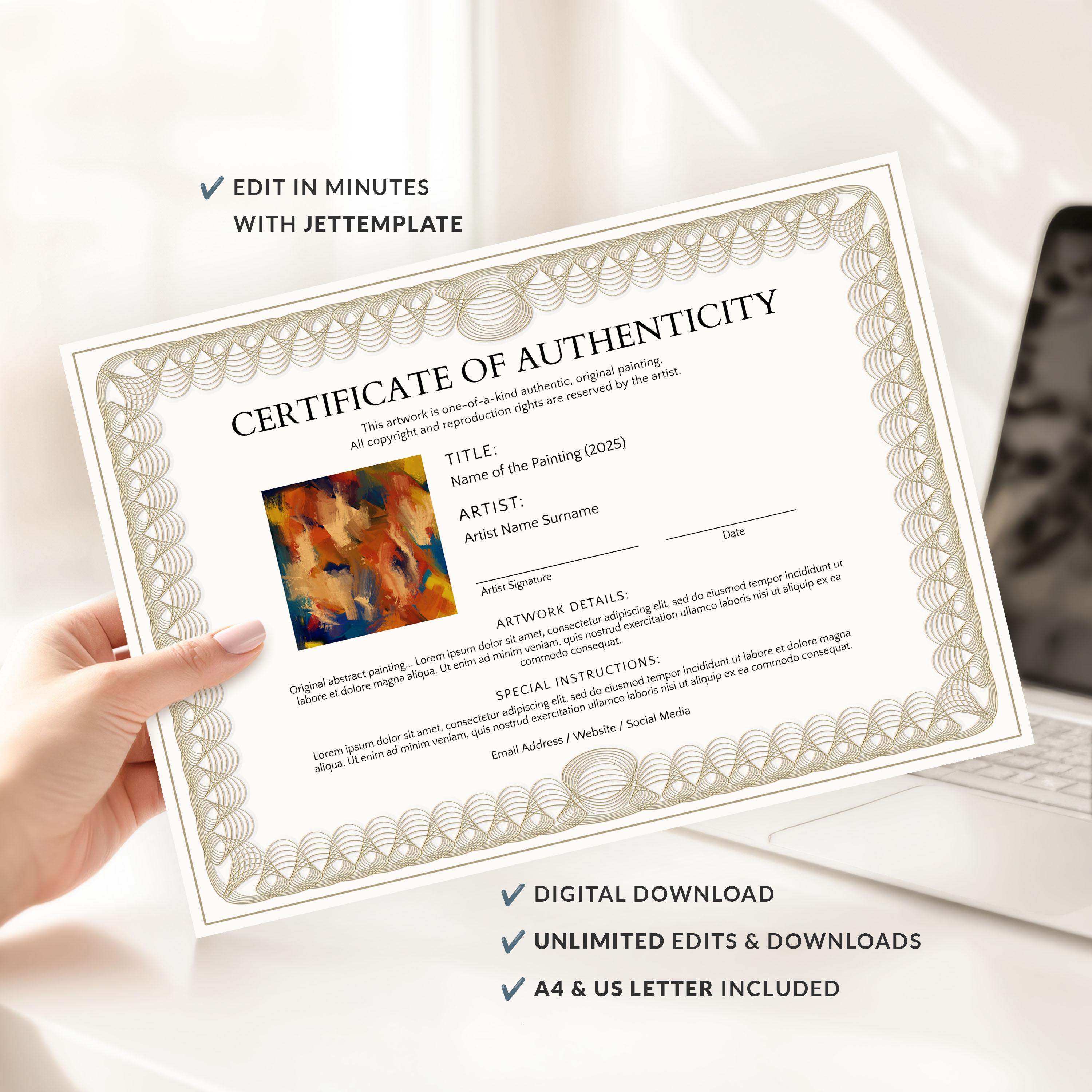 鯰江光二　CERTIFICATE OF AUTHENTICITY Certificate of Authenticity Template Editable COA for Artwork