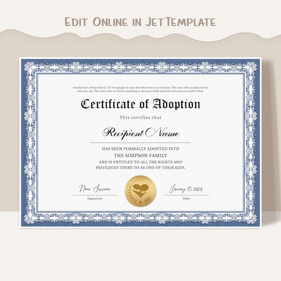 Adoption to Our Family Certificate Template, Editable Stepmother Stepfather Gift Certificate of Adoption, Gift for Adoption Download Jet283