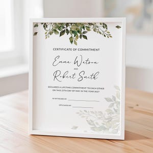 Certificate of Commitment, Editable Commitment Wedding Keepsake Watercolor Greenery DIY Certificate Template Digital Download Jet011