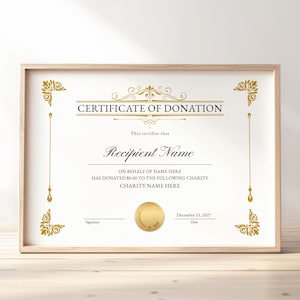 Editable Certificate of Donation Template, Printable Charity Donation Certificate Template, Funding, Gold Gift Certificate Download, Jet150