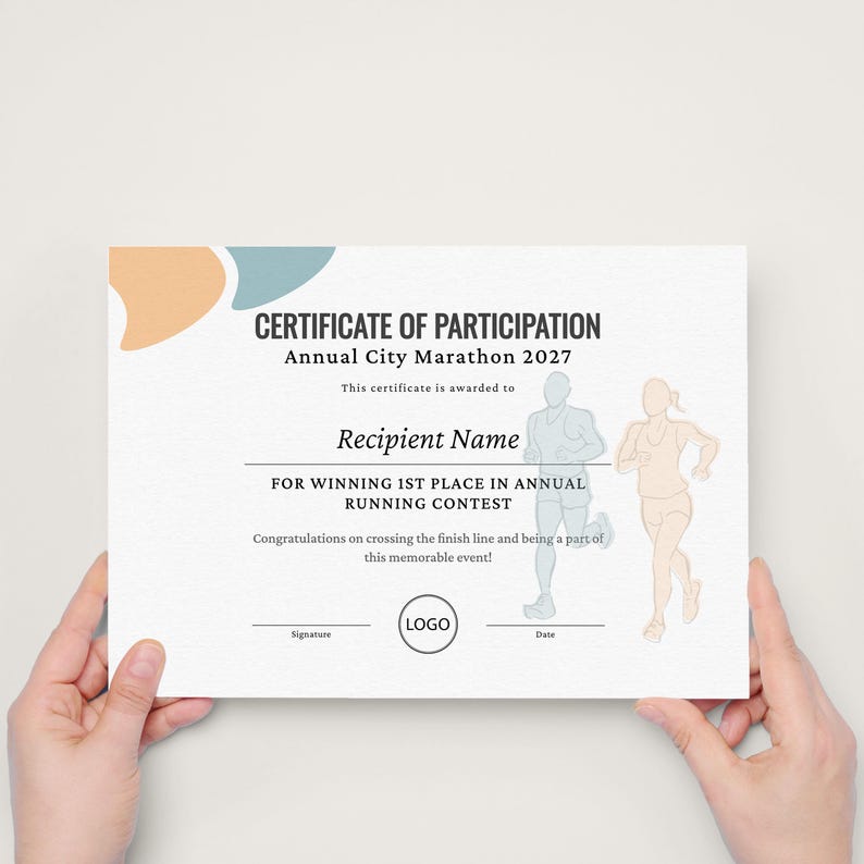 May include: A white certificate of participation for the Annual City Marathon 2027 featuring text, a logo placeholder, and line art illustrations of two runners in blue and peach. The document includes spaces for a recipient name, signature, and date.