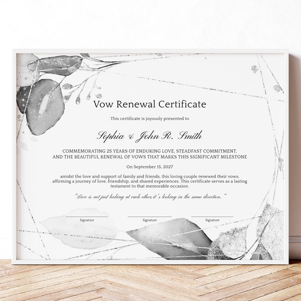 25 Years of Marriage Anniversary, EDITABLE Vow Renewal Certificate Template, 25th Anniversary Keepsake Renewal of Vows Download 349