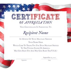 American Appreciation Certificate Honoring Military Service - Etsy