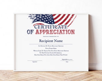 American Veterans Appreciation Certificate Honoring Military Service Appreciation, American Flag, Patriot Day Certificate Download Jet009