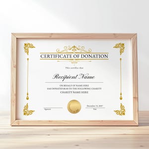 Editable Certificate of Donation Template, Printable Charity Donation Certificate Template, Funding, Gold Gift Certificate Download, Jet150