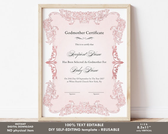 Editable Godmother Certificate Template Printable Baptism - Etsy