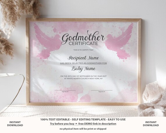 Editable Godmother Certificate Template Printable Baptism - Etsy