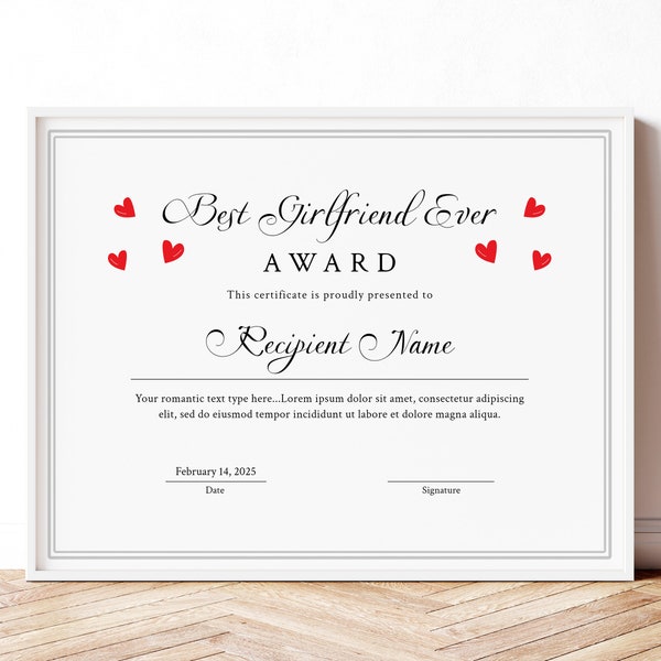 Valentines Day Best Girlfriend Ever Award Certificate Template, Personalized Gift for Her, EDITABLE Certificate for Girl, Download Jet183