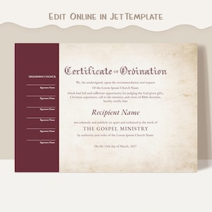 Editable Ordained Minister Certificate Template Printable Certificate of Ordination, Ordination Ministry Certificate Instant Download Jet087