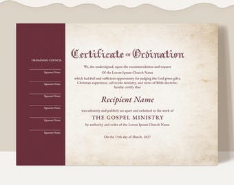 Editable Ordained Minister Certificate Template Printable Certificate of Ordination, Ordination Ministry Certificate Instant Download Jet087
