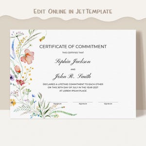 Redigerbar mall för äktenskapslöftesintyg, utskrivbart intyg om förnyelse av äktenskapslöfte, vildblommor, bröllopspresentkort, nedladdning Jet249
