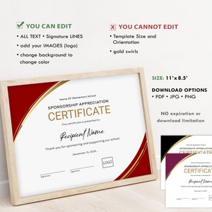 Appreciation Certificate Template, School Sponsorship Certificate, EDITABLE Certificate of Appreciation, Gift Certificate Download, Jet149 image 2