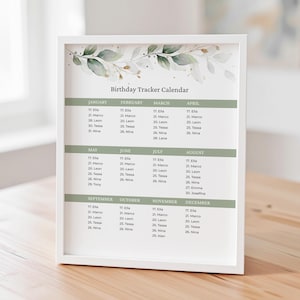 Editable Birthday Tracker Calendar Printable Calendar Template Minimalist Perpetual Birthday Reminder Calendar Digital Download Jet182