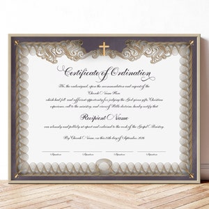 Certificado de Ordenación Ministerial (caligrafía), Plantilla de Certificado Editable, Certificado Ministerial, Certificado Pastoral, Clásico, Jet355