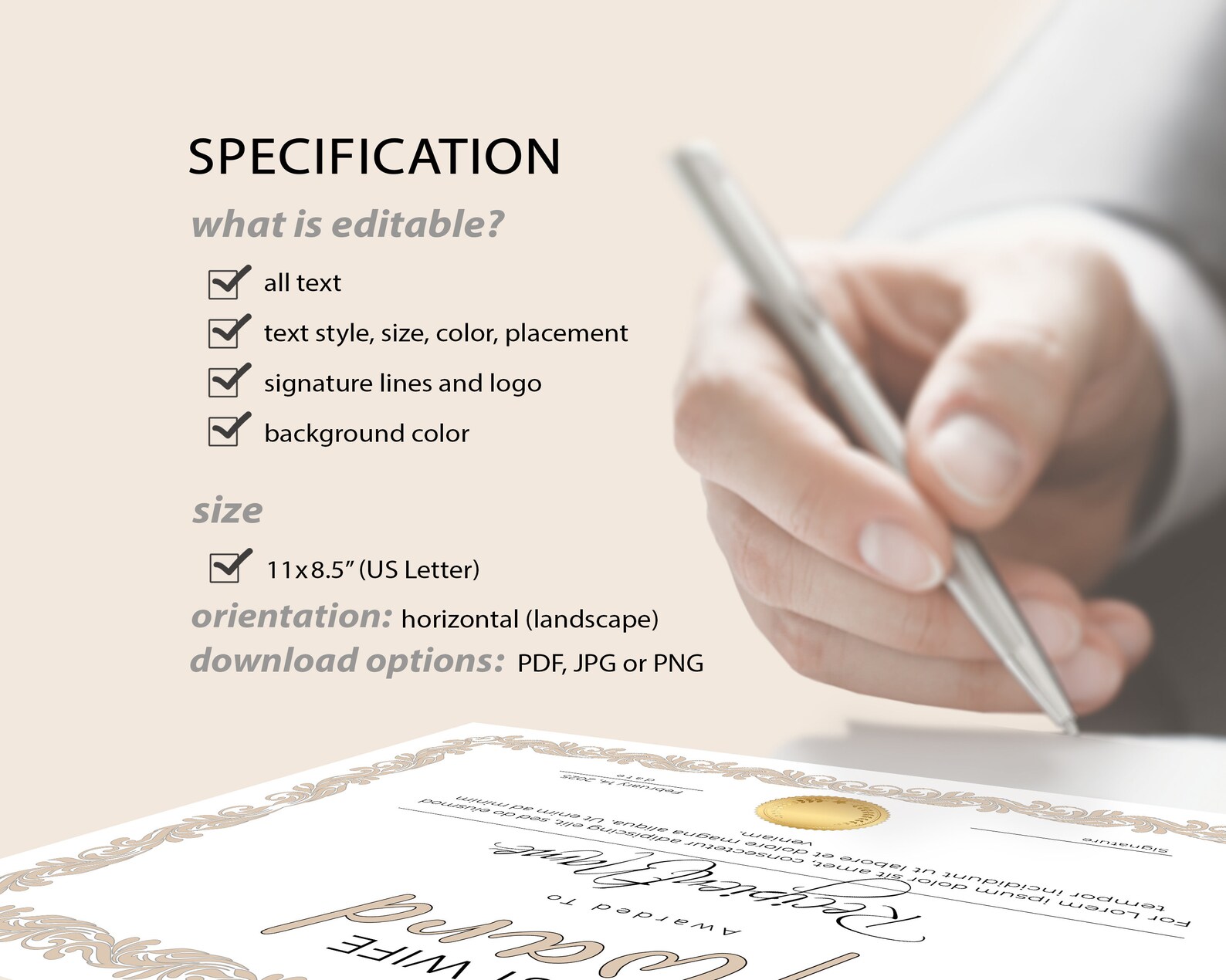 Best Wife Certificate Award Template Editable Printable Best - Etsy