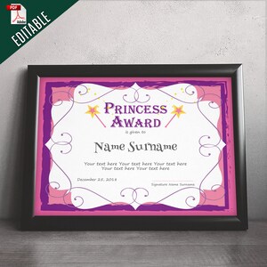 Princess Award Template EDITABLE Certificate Template | Etsy