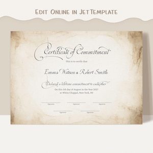 Mall för kalligrafiintyg, redigerbart intyg för förlovningsceremoni, handskrivet digitalt minnesmärke för förnyelse av löften 023
