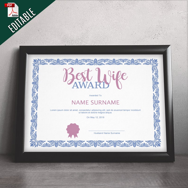 EDITABLE Best Wife Award Template Editable Award Template Best | Etsy