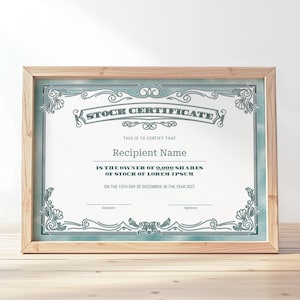 EDITABLE Stock Certificate Template, Printable Certificate of Stock, Share of Stock, Common Stock Gift Certificate Instant Download Jet110