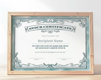 EDITABLE Stock Certificate Template, Printable Certificate of Stock, Share of Stock, Common Stock Gift Certificate Instant Download Jet110