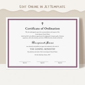 Certificate of Ordination, Gospel Ministry Certificate Template, Editable Printable Ordained Minister Minimalist Certificate Download Jet072 image 1