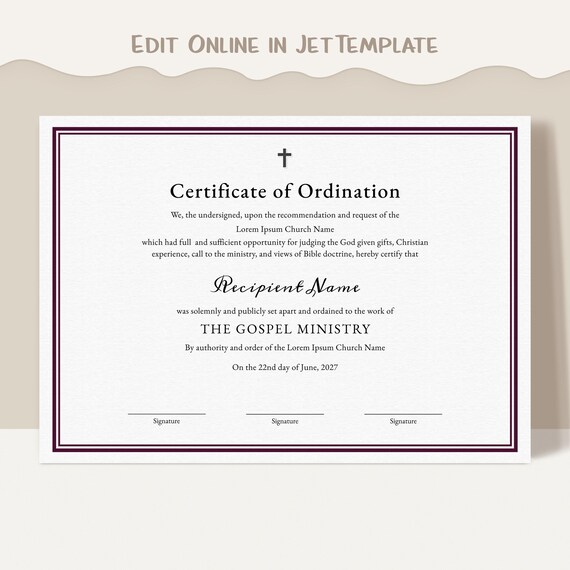 Certificate of Ordination, Gospel Ministry Certificate Template, Editable Printable Ordained Minister Minimalist Certificate Download Jet072