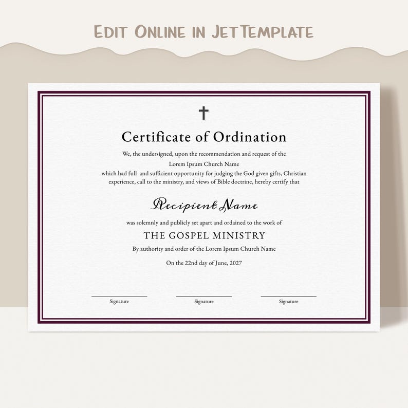 Certificate of Ordination, Gospel Ministry Certificate Template, Editable Printable Ordained Minister Minimalist Certificate Download Jet072 image 1