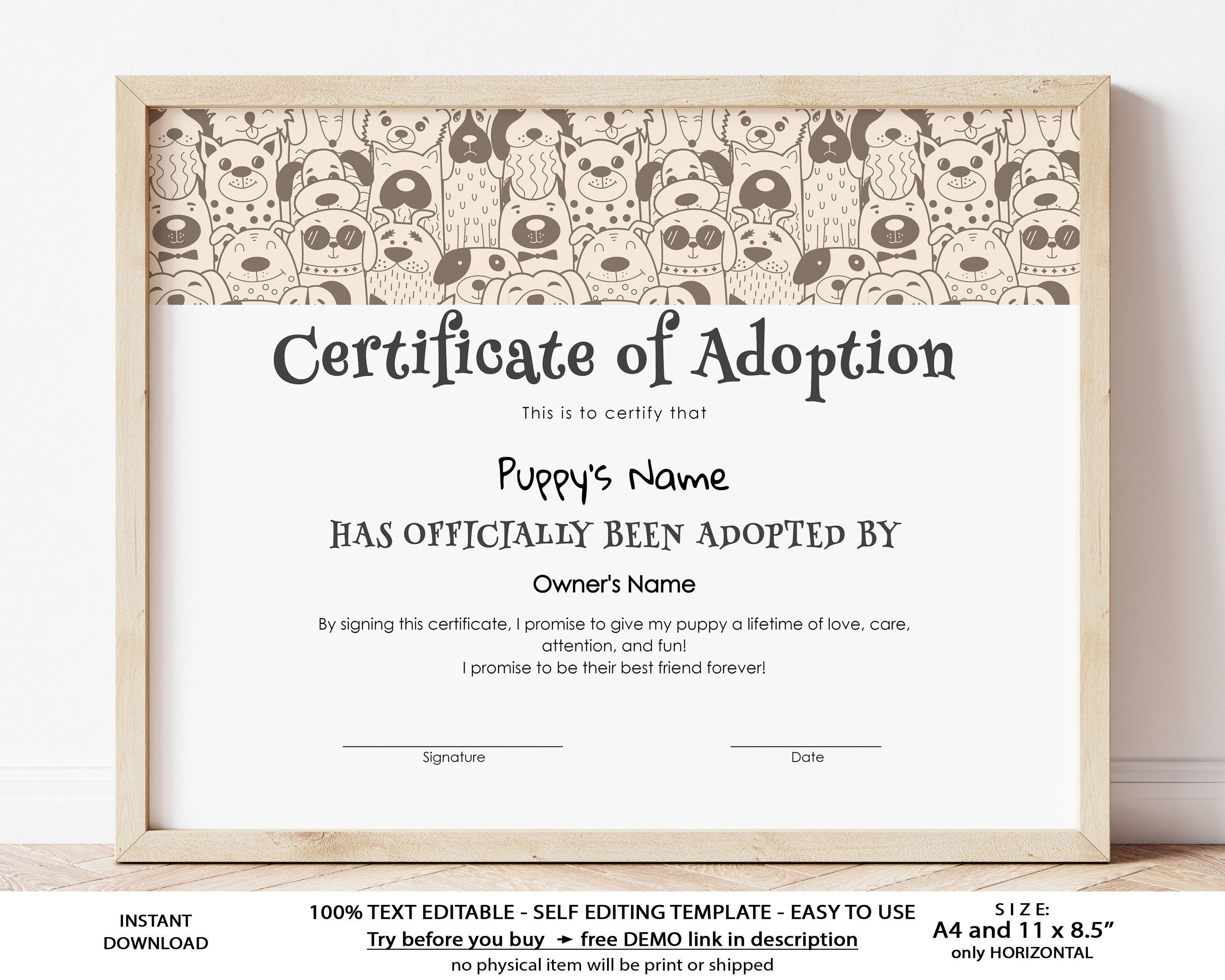 EDITABLE Adoption Certificate Template Puppy Gift Adoption  Etsy Throughout Blank Adoption Certificate Template