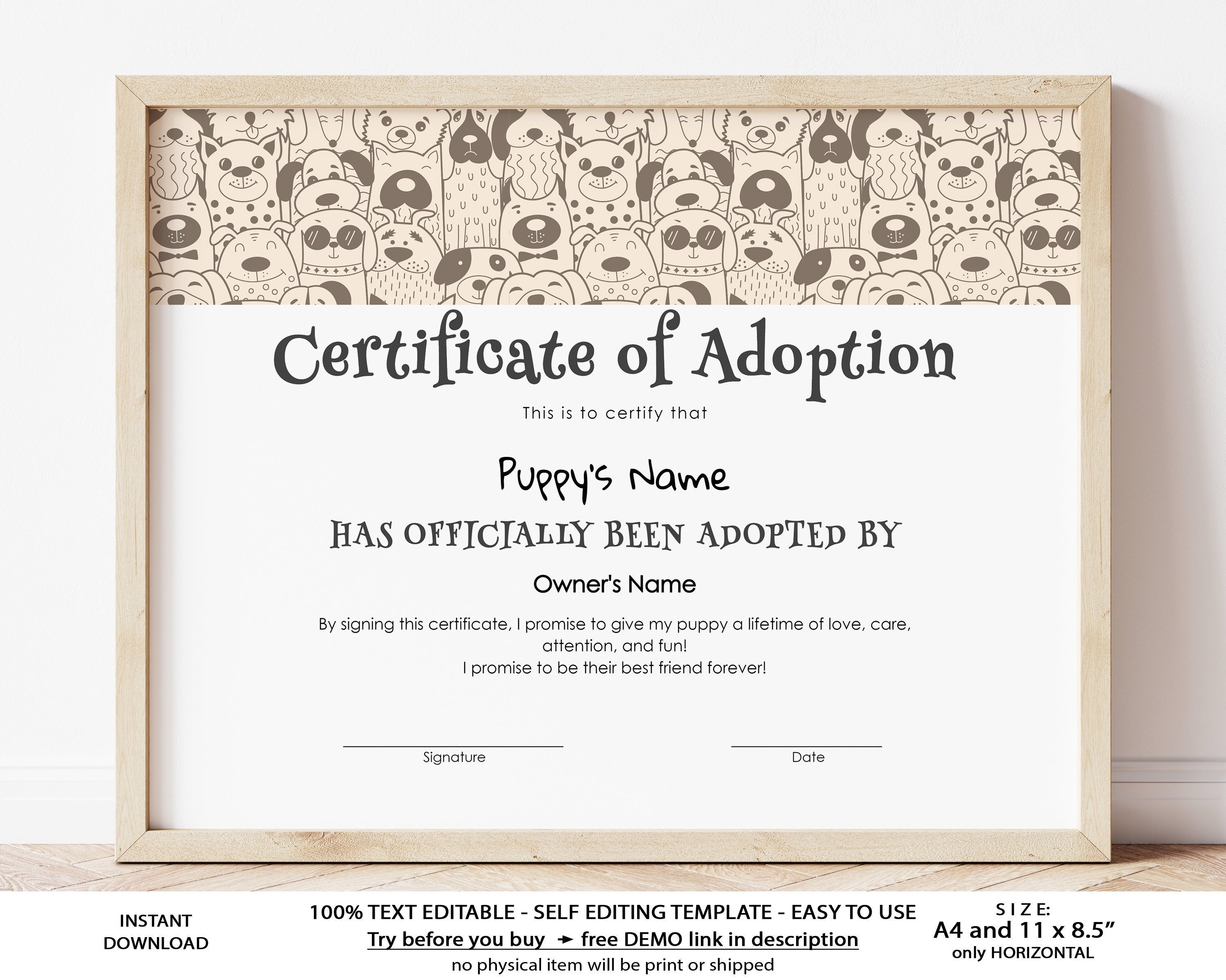 EDITABLE Adoption Certificate Template, Puppy Gift Adoption Puppy Owner  Certificate, Dog Adoption Gift Certificate Digital Download, Jet20 With Regard To Toy Adoption Certificate Template