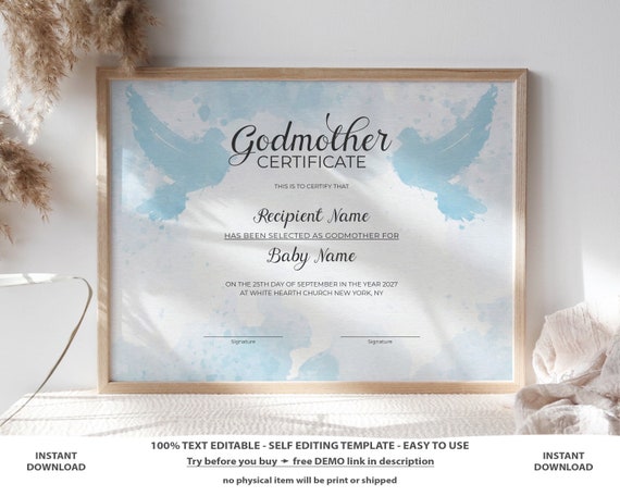 Editable Godmother Certificate Template Printable Baptism - Etsy